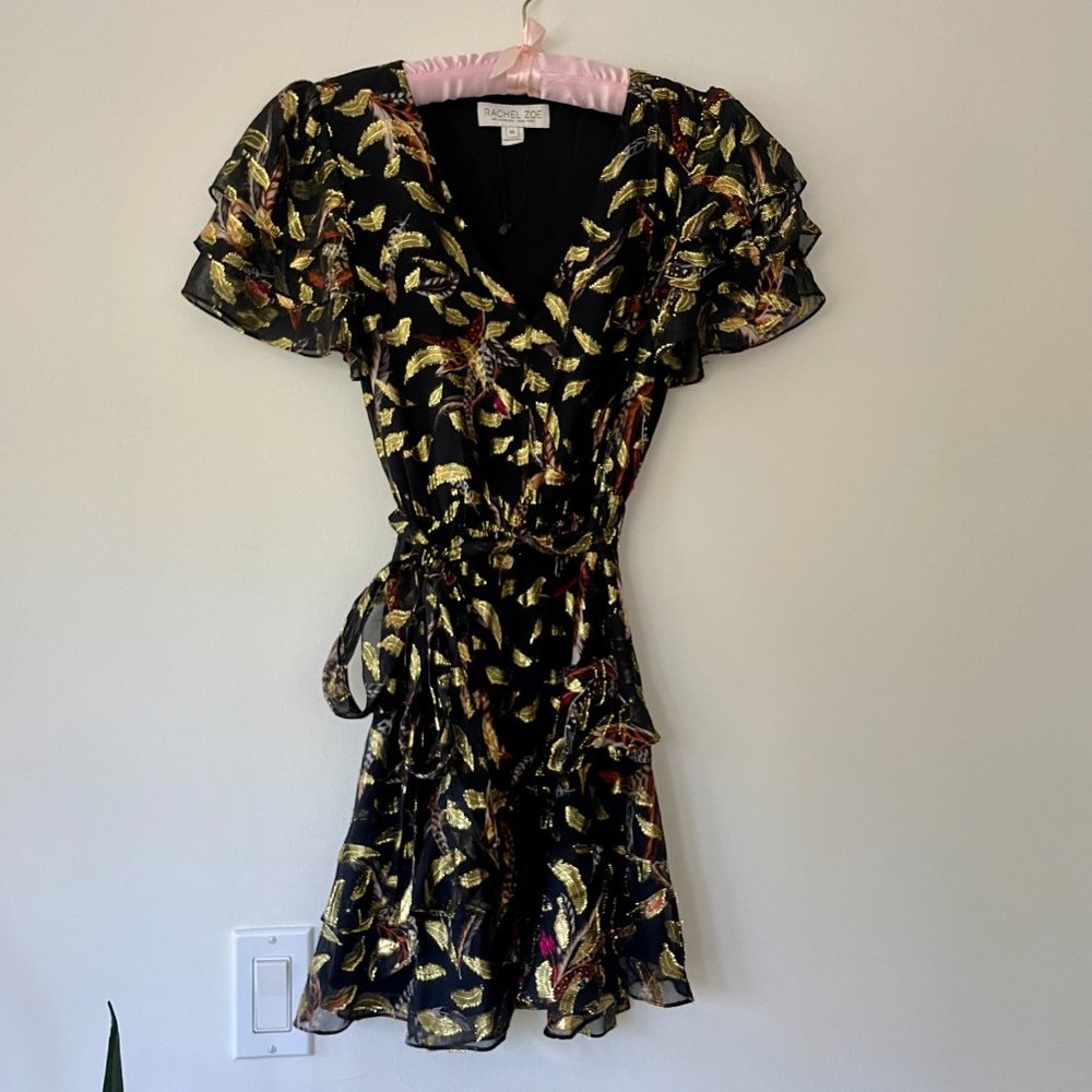 Rachel Zoe Fil Coupe Feather Ruffled Mini Dress Black & Gold  Metallic (XS)